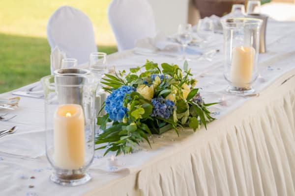 Hyancinth flower centerpiece of a special occassion banquet at Apollo Blue Hotel